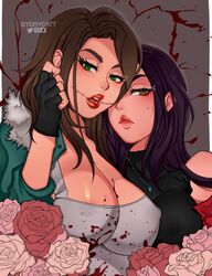 2girls blood breasts brown_eyes brown_hair clockwork_(creepypasta) creepypasta ellis_(creepypasta) flower green_eyes multiple_girls purple_hair rose storycatt watermark yuri