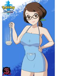 1girls alternate_breast_size apron big_ass big_breasts brown_eyes brown_hair cooking glasses human human_only ladle lips mother mother_(pokemon_ss) naked_apron nintendo pinup pokemon pokemon_ss ponytail smile solo standing theeshrimp thick_thighs twitter_username white_skin