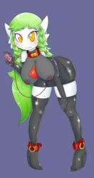 amber_eyes anthro basketgardevoir bent_over black_legwear clothed_masturbation clothing collar elbow_gloves gardevoir gloves green_hair hidden_vibrator high_heel_boots high_heels huge_breasts large_breasts latex latex_dress latex_gloves latex_stockings long_hair masturbation original_character pokemon pokemon_(species) see-through see-through_clothing stockings vibrator vibrator_cord vibrator_under_clothes