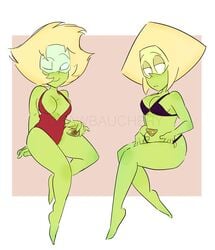 2girls 5_fingers artist_name artist_signature barefoot bikini black_bikini black_swimsuit blonde_hair breasts busty clothed color drawbauchery eyebrows female female_only front_view gem gem_(species) gemsona green_skin half-closed_eyes hips looking_away medium_breasts navel_gem one-piece_swimsuit original_character peridot_(gem) peridot_(steven_universe) peridot_5xb_(drawbauchery) peridot_5xz_(drawbauchery) pinup red_background red_one-piece_swimsuit red_swimsuit shiny_skin side_view simple_background steven_universe swimsuit thick_thighs thighs visor watermark white_border wink