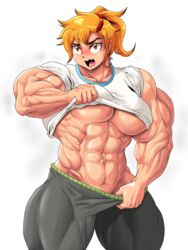 abs angry blonde_hair breasts busty cleavage extreme_muscles fangs female huge_breasts muscles muscular muscular_female naughty_face navel orange_eyes pants ponytail seductive solo sweat thick_thighs toothbrushking underboob