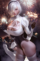 1girls big_breasts breasts cleavage female large_breasts looking_at_viewer nier nier:_automata solo thighhighs yorha_2b yorha_9s zumi