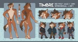 1boy 2019 5_fingers anthro black_hair blue_eyes brown_body brown_fur bypbap canid canine canis character_sheet fingers fur furry hair humanoid_penis male male_only mammal model_sheet penis red_wolf solo timbrewolf wolf