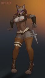 absurd_res anthro art.eje bethesda_softworks big_breasts bodily_fluids breast_milking breasts brown_hair clothed clothing crown dagger felari_(nutty_butty) felid feline female fur genitals hair headgear hi_res humanoid_genitalia humanoid_pussy khajiit lactating lactation legwear mammal melee_weapon nipples nude purple_eyes pussy simple_background solo the_elder_scrolls thigh_highs weapon wide_hips