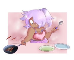 alternate_skin_color amethyst_(steven_universe) artist_name artist_signature bacon big_breasts breasts chubby cleavage color cooking dark-skinned_female dark_skin drawbauchery eyebrows female female_only frying_pan hair_over_one_eye human humanized lavender_hair naked_apron pink_background plate plump_lips ponytail purple_eyes smile solo solo_female spatula steven_universe tongue tongue_out valentine's_day watermark white_border