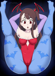 1girls 2019 akko_kagari alternate_costume breasts brown_hair cameltoe capcom clothes clothing cosplay costume crossover darkstalkers demon_wings embarrassed embarrassed_female eyes fake_wings female_only hair human human_only legs legs_over_head legs_up lilith_aensland_(cosplay) little_witch_academia long_hair looking_down red_eyes setrakian small_breasts solo studio_trigger thick_thighs vampire_(game) watermark wide_hips wings