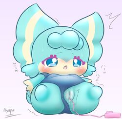 ameri_(cocotama) anthro biped blue_body blue_eyes blue_fur blush bodily_fluids chibi clothing cocotama eyelashes female fur genital_fluids heart hi_res hirake!_cocotama mammal motion_lines multicolored_body multicolored_fur nyupu one-piece_swimsuit open_mouth pussy pussy_juice semi-anthro solo sweat swimwear tan_body tan_fur two_tone_body two_tone_fur umbrella vaginal_vibrator wet