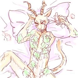 1:1 1:1_aspect_ratio ambiguous_nudity antelope beastars blush bovid felid gazelle hybrid leopard male male_only mammal melon_(beastars) nude pantherine pillow solo tattoo