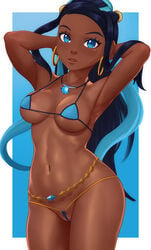 1girls abs aethosart alternate_outfit armpits bikini breasts cleavage dark-skinned_female dark_skin female female_only looking_at_viewer nessa_(pokemon) pokemon pokemon_ss pubic_hair pussy solo