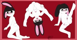 2019 anthro ass balls blush embarrassed eyewear fingers fran_(megafluffy_drawings) fur glasses hair hi_res lagomorph leporid makoto177 male mammal nude open_mouth penis rabbit short simple_background smile solo tongue white_body white_fur