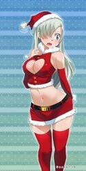 alternate_costume blush breasts christmas cosplay elizabeth_liones embarrassed female gaston18 impossible_clothes long_hair medium_breasts miniskirt nanatsu_no_taizai navel revealing_clothes skirt solo white_panties