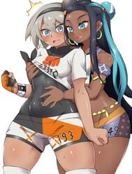 2girls abs ass bea_(pokemon) blonde_hair blue_eyes blue_hair blush bodysuit bracelet breast_grab breasts clothed dark-skinned_female dark_skin embarrassed eye_contact female game_freak gloves groping half-closed_eyes haptephilia jewelry long_hair looking_at_viewer minishorts muscular muscular_female nessa_(pokemon) nintendo pengin_maru poke_ball pokemon pokemon_ss pose shirt short_hair shorts shortstack small_breasts smile source_request sweat tank_top thick_thighs thigh_gap thin_waist touching wet white_hair wide_hips yuri