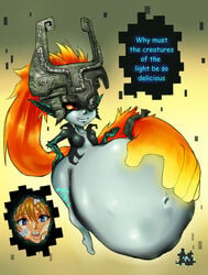 1girls angel armpits big_belly blonde_hair blue_eyes blue_skin breasts chubby digestion fangs feathers feet female_pred female_prey hand_on_ass hyper hyper_belly imp imp_midna internal_view large_belly living_hair mask midna nintendo no_nipples nude oral_vore orange_hair overweight overweight_female red_eyes small_breasts text the_legend_of_zelda thick_thighs twilight_princess voraciousmoga vore watermark wide_hips