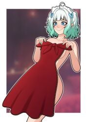 1girls blue_eyes cardboard cardboard_cutout female female_only green_hair green_nails indie_virtual_youtuber light-skinned_female light_skin maid maid_headdress mint_fantome multicolored_hair naked nude nude_female pointy_ears solo unholyspicy virtual_youtuber white_hair