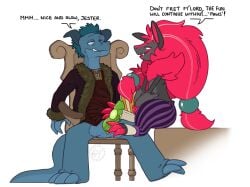 animal_genitalia anthro augur_(knotsosfw) baylin_(knotsosfw) bottomwear canid canine claws clothed clothing coat dragon duo erection feet foot_fetish foot_play footjob fox fur generation_5_pokemon genital_slit genitals green_penis hair hi_res horn jester_outfit knotsosfw male male/male mammal mythological_creature mythological_scalie mythology nintendo pants penis pokemon pokemon_(species) red_claws royalty scalie sex shirt simple_background sitting smile text topwear zoroark