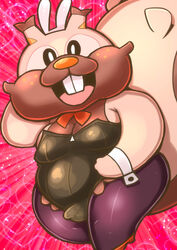 1futa belly big_eyes breasts buckteeth bulge bunny_costume cleavage clothed clothing costume fake_ears fake_rabbit_ears furry futa_only futanari greedent heart intersex legwear looking_at_viewer nekoyuu nintendo overweight pantyhose patterned_background penis_outline pokémon_(species) pokemon pokemon_ss rodent smile solo thick_thighs video_games wide_hips