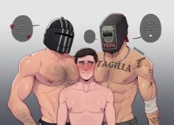 3boys bara bara_tiddies bara_tits barazoku dominant dominant_male escape_from_tarkov gay gay_domination gay_male hairy hairy_chest hairy_male imminent_sex killa_(escape_from_tarkov) maledom malesub mask masked pinned sandwiched submission submissive submissive_male tagilla_(escape_from_tarkov) wetwasabi yaoi