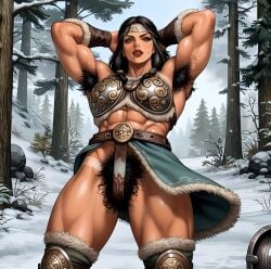ai_generated armpit_hair athletic_female bodybuilder brown_hair deergirlfit excessive_pubic_hair female_bodybuilder female_pubic_hair forest hairy_armpits hairy_pussy muscular muscular_anthro original_character pubic_hair pubic_hair_peek pubic_tuft snow snowy_background strong_female toned toned_arms toned_body toned_legs toned_male toned_stomach viking viking_female woods