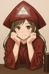 1girls ai_generated anime book brown_eyes brown_hair ceremonial_dress clothed clothed_female genderswap genderswap_(mtf) historical history lambai11 occult religion rule_63 sfw symbol thelema white_skin