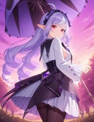 ahoge ai_generated bangs black_pantyhose black_skirt breasts closed_mouth female frills hairband holding holding_umbrella kuroyaex long_hair long_sleeves looking_at_viewer looking_back medium_breasts outdoors pantyhose pleated_skirt pointy_ears purple_hair red_eyes shirt skirt smile solo standing thighband_pantyhose umbrella very_long_hair vivian_banshee white_shirt zenless_zone_zero