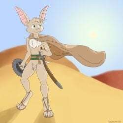 1:1 anthro balls bat bat_ears bat_tail belt buckler chest_tuft chilemeister cloak clothing desert desert_background desert_bat digital_media_(artwork) footwear fur genitals green_eyes hi_res humanoid_genitalia humanoid_penis male male_only mammal melee_weapon mostly_nude mostly_nude_anthro mostly_nude_male penis sandals scabbard shield shoes short_tail smile solo sword tail tan_body tan_fur tuft turo_of_akesh weapon wingless_bat