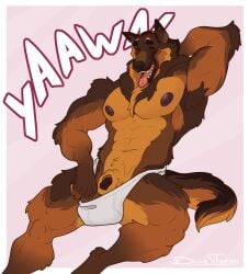 abs animal_genitalia animal_penis anthro areola brown_body brown_fur canid canine canis closed_eyes clothed clothing clothing_pull darkthorns digital_media_(artwork) domestic_dog flaccid fur genitals german_shepherd hand_behind_head herding_dog hi_res male mammal muscular muscular_anthro muscular_male nipples open_mouth pastoral_dog pecs penis sheath simple_background solo spread_legs spreading tail teeth tongue tongue_out topless topless_anthro topless_male underwear underwear_only underwear_pull yawn
