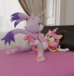 3d absurd_res amy_rose anthro ass balls bed blaze_the_cat breasts domestic_cat dominant eulipotyphlan felid feline felis female from_front_position furniture genitals hedgehog herm herm/female hi_res intersex intersex/female lying mammal missionary_position on_back on_bed penetration penis pussy rotalice2 sega sex sonic_(series) sonic_the_hedgehog_(series) vaginal_penetration