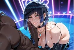 1boy 1girls after_ejaculation after_fellatio ai_generated areolae ass balls bangs bare_shoulders bikini black_bikini black_choker black_gloves black_hair black_legwear black_swimsuit black_thighhighs blue_hair blush bob_cut breasts choker cleavage clothed_female clothed_female_nude_male clothing cum curvaceous curvaceous_female curvaceous_figure curvy curvy_female curvy_figure dark-skinned_male dark_skin diagonal_bangs earrings elbow_gloves erection facial female female_focus genshin_impact gloved_handjob gloves green_eyes handjob huge_breasts indoors interracial jewelry large_breasts large_penis legwear light-skinned_female lips lipstick_mark makeup male miyuai mole mole_on_breast multicolored_hair navel necklace nipples nude parted_lips penis penis_on_face piercing semen sex shiny_skin short_hair smile solo_focus straight sweat swimsuit testicles thick_thighs thighhighs thighs thong veins veiny_penis voluptuous voluptuous_female yelan yelan_(genshin_impact)