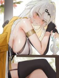 1girls absurdres amco armlet armpit_crease asymmetrical_gloves bare_shoulders black_gloves black_thighhighs blush breast_rest breasts commentary crossed_legs elbow_gloves female fingerless_gloves from_side gloves hair_ornament highres holding jacket jewelry large_breasts looking_at_viewer mole mole_on_breast parted_lips sideboob single_elbow_glove single_thighhigh sitting skindentation solo table thighhighs thighs uneven_gloves yellow_eyes yellow_jacket yixuan_(zenless_zone_zero) zenless_zone_zero