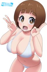 adorable asian bra breasts brown_eyes brown_hair brush cute female female_only full_body he_pu_pu huge_breasts kill_la_kill large_breasts looking_at_viewer mankanshoku_mako mg_renders open_mouth partially_clothed peace_sign short_hair smile solo teenager third-party_edit thong transparent_background watermark