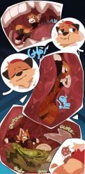 absurd_res ailurid anthro black_background blue_background chester_the_otter clap digestion duo extreme_size_difference food fully_inside hi_res in_throat inside_stomach male male/male mammal melting melty_digestion micro milkesheique mustelid otter red_panda simple_background size_difference swallowing teeth tongue vore