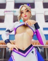 1female 1girls 3d arseny3d artist_request belly_button blonde_female blonde_hair blonde_hair_female blurry_background breast_focus breasts cheerleader cheerleader_outfit cheerleader_uniform clothed clothing epic_games facing_viewer female female_only fortnite fortnite:_battle_royale freckles freckles_on_face front_view hair_ornament hand_on_hip haylee_skye_(fortnite) light-skinned_female light_skin lipstick looking_at_viewer nail_polish neckwear painted_nails pink_lipstick ponytail presenting presenting_breasts pulling_clothing purple_eyes purple_nail_polish purple_nails revealing_breasts shirt shirt_lift shirt_up showing_breasts skirt solo solo_female standing stomach tagme underboob