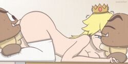 1girls 2boys ass blonde_hair blowjob blue_eyes breasts crown doggy_style fellatio female goomba interspecies landzerker long_hair male mario_(series) multiple_boys nintendo nude penis princess_peach sex side_view simple_background testicles thighhighs white_background