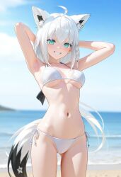 1girls ahoge ai_generated animal_ear_fluff armpits arms_up beach belly blue_eyes blush cameltoe fox_ears fox_girl fox_tail hololive large_breasts long_hair shirakami_fubuki smile thighs virtual_youtuber water white_bikini white_hair