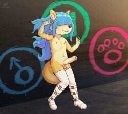 2025 anthro balls big_penis blue_hair blush boots bottomwear canid canine cartographer_(character) clothing digital_media_(artwork) erection fennec_fox footwear fox fur genitals hair hair_over_eyes hi_res humanoid_genitalia humanoid_penis interphore long_hair male mammal nipples paint penis shoes solo tail true_fox wall_(structure) yellow_body yellow_fur zeklullaby