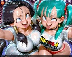 2girls :p ;p ahe_gao ai_generated aqua_hair asmutcriminal asymmetrical_bangs bangs belt black_hair blue_eyes blue_hair blush bow brand_name_imitation breasts bulma_briefs choker cleavage clothes_writing collarbone covered_nipples dragon_ball earrings foreshortening green_hair hairbow jewelry large_breasts leaning_forward long_hair multiple_girls open_mouth outstretched_arm reaching_out saliva see-through selfie shiny shiny_skin shirt short_sleeves smile sweat tagme tongue tongue_out tongue_piercing twintails videl wet wet_clothes wet_shirt white_shirt