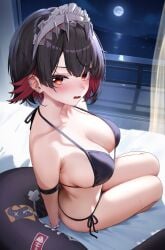1girls absurdres alternate_costume arm_strap bikini black_bikini black_hair blush breasts cleavage colored_inner_hair ear_piercing ellen_joe female fins fish_tail foreshortening from_above halterneck highres hirahiragi_(h1rqg1) large_breasts looking_at_viewer maid_headdress mole mole_under_eye moon multicolored_hair night open_mouth piercing red_eyes red_hair shark_girl shark_tail short_hair side-tie_bikini_bottom sideboob sitting solo strap_gap string_bikini swimsuit tail thighs zenless_zone_zero