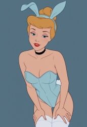 1girl ai_generated bare_shoulders bare_thighs bedroom_eyes blonde_hair blue_eyes blue_leotard blush breasts bun bunny_ears bunny_tail choker cinderella cinderella_(1950_film) cinderella_(disney) cleavage collarbone cowboy_shot disney disney_princess eyelashes eyeshadow female groin hairband hairbun half-closed_eyes hands_on_thighs highleg_leotard leaning_forward leotard light_smile lips looking_at_viewer nail_polish narrow_waist parted_lips playboy_bunny princess red_lipstick sandlecrantz_(ai_generator) simple_background smile strapless_leotard thighhighs thighs