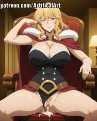 1girl aartsaga ai_generated artifical_art blonde_hair breasts brown_eyes cleavage cloak cum cum_in_pussy cum_leaking_from_pussy cum_on_breasts gina_(solo_leveling) large_breasts legs_spread nipples panties_aside solo_leveling