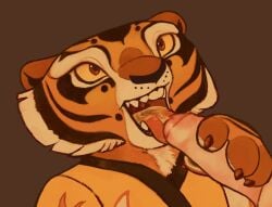 anthro bodily_fluids brown_background cheek_tuft claws clothing dreamworks duo facial_tuft felid fellatio female foreskin fur genital_fluids genitals hand_on_penis happy happy_sex hi_res holding_penis kung_fu_panda lanolin04 looking_at_another looking_at_partner male male/female mammal markings master_tigress mouth_shot open_mouth oral orange_eyes pantherine paws penile penis penis_in_mouth sex simple_background smile smiling_at_another smiling_at_partner striped_body striped_fur striped_markings stripes tuft uncircumcised urine urine_in_mouth urine_on_tongue watersports yellow_sclera
