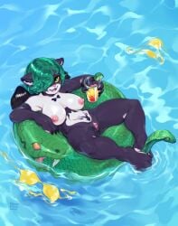 2025 american_opossum anthro bestfriendforever beverage bikini bikini_bottom bikini_top breasts clothing digital_media_(artwork) discarded_bikini diving fangs feathered_wings feathers felid female gold_bikini green_eyes green_hair hair hi_res high-angle_view holding_beverage holding_object looking_at_viewer mammal marsupial navel nipple_piercing nipples nude piercing pink_nose pussy smile solo swimwear tail teeth two-piece_swimsuit water wings yellow_sclera