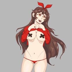 amber_(genshin_impact) barely_clothed brown_hair bunny_girl bunnysuit orange_eyes pussy_juice soaking_wet