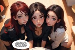 3girls after_fellatio after_oral ai_generated black_hair blowjob brown_eyes caption cum cum_on_face cum_on_hair eye_contact facial female_focus green_eyes looking_at_viewer multiple_girls oral original original_character party red_hair speech_bubble straight taliredmint text