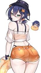 1girls absurdres ass belle_(zenless_zone_zero) bikini bikini_under_shorts blue_eyes bucket_hat commentary cowboy_shot crop_top female from_behind green_eyes hair_ornament hat highres holding holding_swim_ring letter_hair_ornament official_alternate_costume official_art_inset orange_bikini orange_shorts rosheil short_hair shorts simple_background solo swim_ring swimsuit thighs white_background zenless_zone_zero