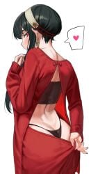 1girls absurdres ass ass_focus back backless_outfit black_hair blush butt_crack clothes_pull dress female from_behind hairband heart highres long_hair looking_at_viewer looking_back median_furrow nia_(nia4294) red_eyes red_sweater sidelocks simple_background skirt skirt_pull smile solo spoken_heart spy_x_family sweater sweater_dress thong white_background yor_briar yor_forger