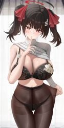 absurdres alternate_hairstyle black_bra black_hair black_panties black_pantyhose blue_archive blush bra breasts bright_pupils cleavage closed_mouth commentary_request cowboy_shot female halo highres large_breasts long_hair looking_at_viewer mole mole_on_breast navel panties panties_under_pantyhose pantyhose red_eyes ribbed_sweater rio_(blue_archive) solo sweater taboo_(selfmadeappler) twintails underwear white_pupils white_sweater