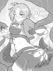 !? absurdres ass breasts female glaring gloves greyscale guardian-panda highres honkai_(series) honkai_impact_3rd jacket large_breasts monochrome murata_himeko murata_himeko_(battle_storm) no_panties one_eye_closed rape scowl shorts solo tentacle tentacle_sex torn_clothes torn_shorts
