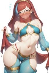 1girls ai_generated aimoonshine alternate_costume arabian_clothes ass_visible_through_thighs averting_eyes bare_shoulders blue_eyes blue_gem blue_hair blue_pants blush breasts closed_mouth cloth cowboy_shot dancer detached_sleeves earrings embarrassed fabric female female_only flying_sweatdrops game_freak gem glasses gold_(metal) gold_jewelry gold_trim grey_eyes halterneck harem_outfit harem_pants headband headwear hip_vent holding holding_cloth hoop_earrings jewelry long_sleeves looking_to_the_side mouth_veil multicolored_hair navel nintendo o-ring pants penny_(pokemon) pokemon pokemon_sv pokemon_trainer puffy_sleeves red_hair round_eyewear round_glasses see-through short_hair sideways_glance simple_background small_breasts smile solo solo_female stomach thigh_gap thighlet thighs translucent translucent_clothing two-tone_hair veil white_background wide_hips