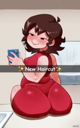 1girls alternate_hairstyle alternate_version_available ass ass_focus backboob big_ass brown_hair dress english english_text female female_only friday_night_funkin girlfriend_(friday_night_funkin) hair holding_object holding_phone huge_ass junfreaky looking_back phone red_dress selfie selfie_pose short_dress short_hair solo solo_female text text_box