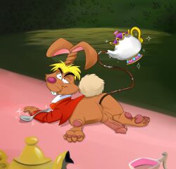 alice_in_wonderland alice_in_wonderland_(1951_film) anal animal_genitalia anthro artist_request ass balls beauty_and_the_beast butt disney furniture march_hare mrs._potts pawpads rabbit spoon table teapot testicles